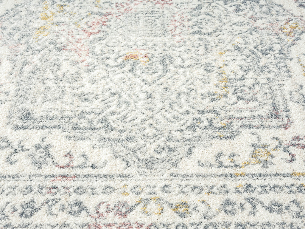 Nasya Pink Yellow and Grey Traditional Medallion Rug