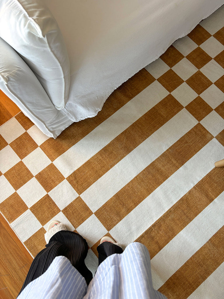 Alula Brown and White Checkered and Striped Washable Rug