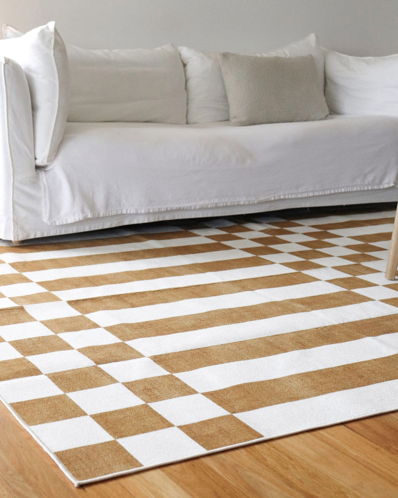 Alula Brown and White Checkered and Striped Washable Rug