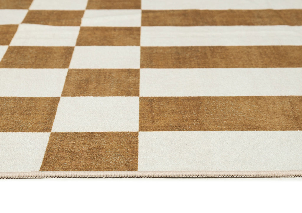 Alula Brown and White Checkered and Striped Washable Rug