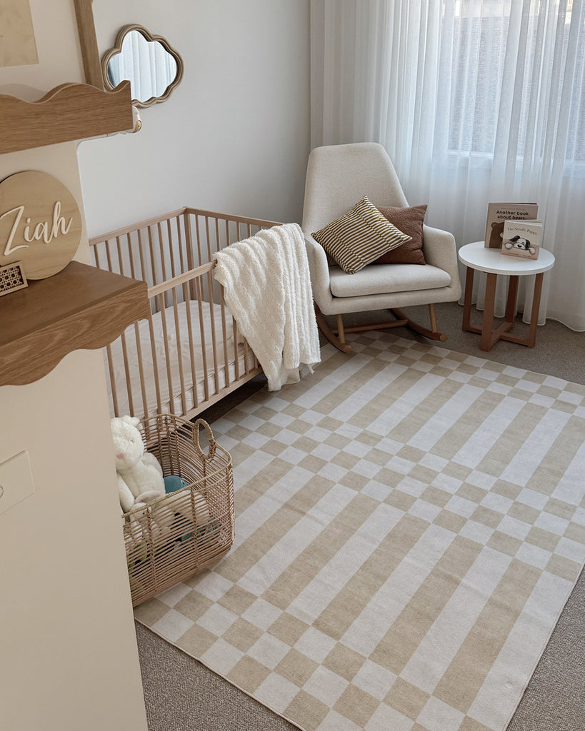 Anette Light Brown and White Checkered and Striped Washable Rug