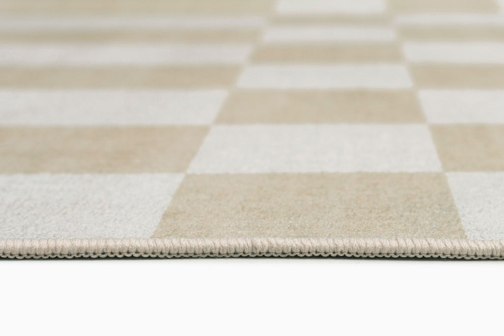 Anette Light Brown and White Checkered and Striped Washable Rug