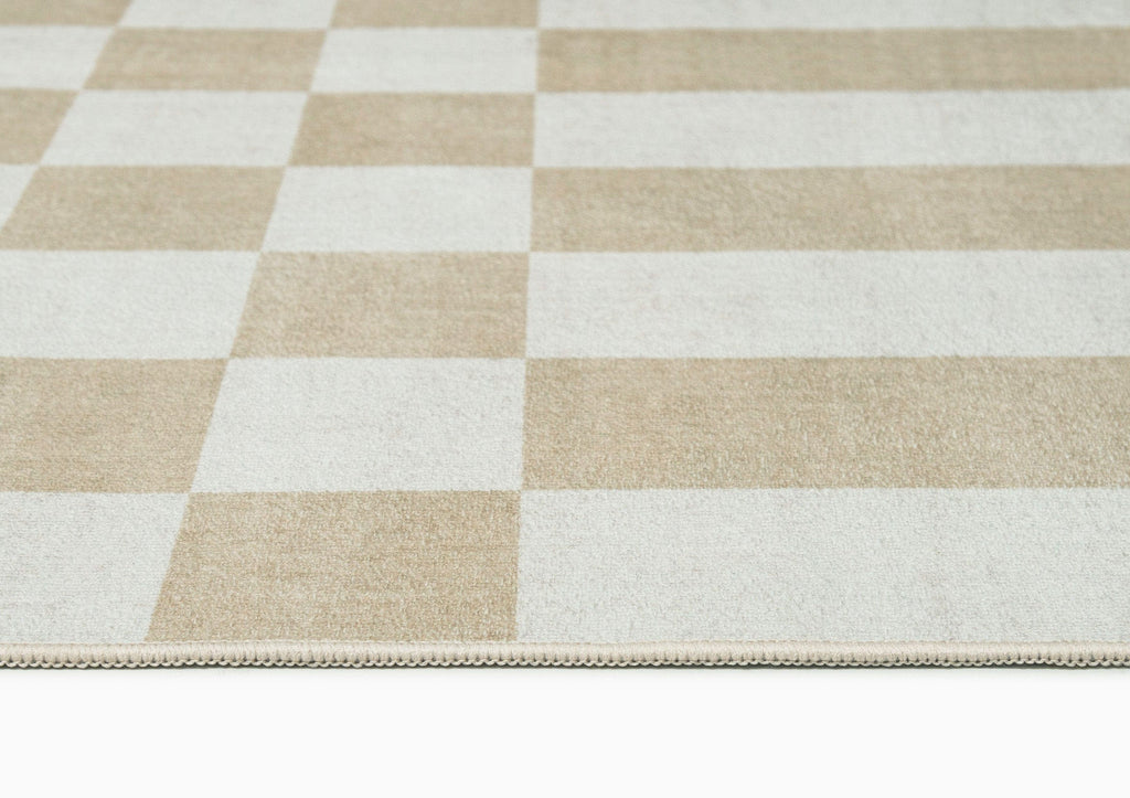Anette Light Brown and White Checkered and Striped Washable Rug