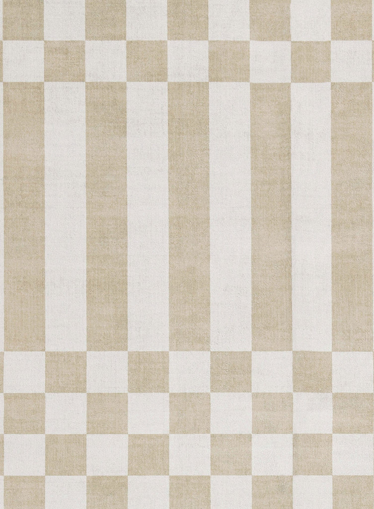 Anette Light Brown and White Checkered and Striped Washable Rug