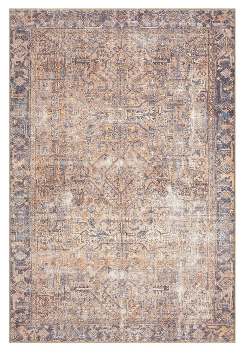 Anyel Brown and Blue Traditional Distressed Washable Rug