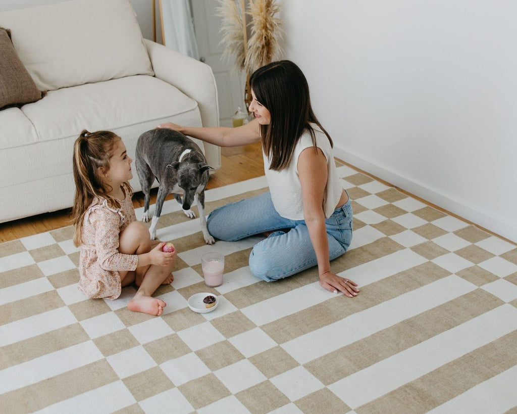 Batini Brown and White Checkered and Striped Washable Rug