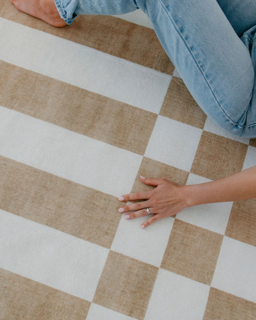 Batini Brown and White Checkered and Striped Washable Rug