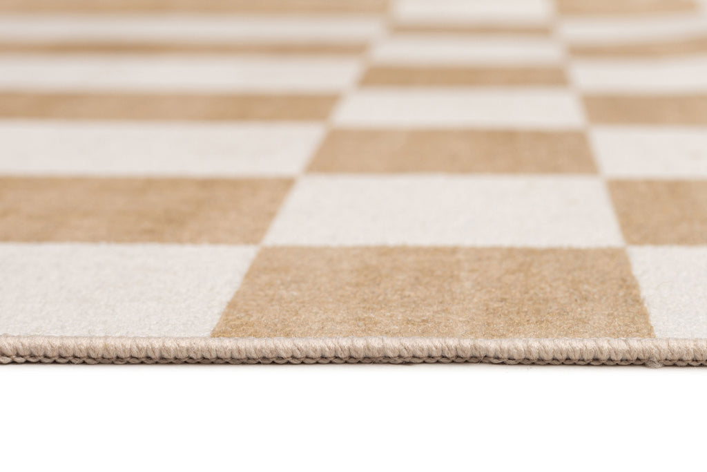 Batini Brown and White Checkered and Striped Washable Rug