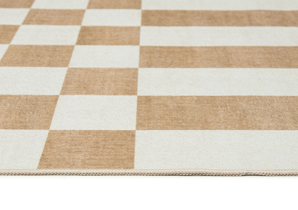 Batini Brown and White Checkered and Striped Washable Rug