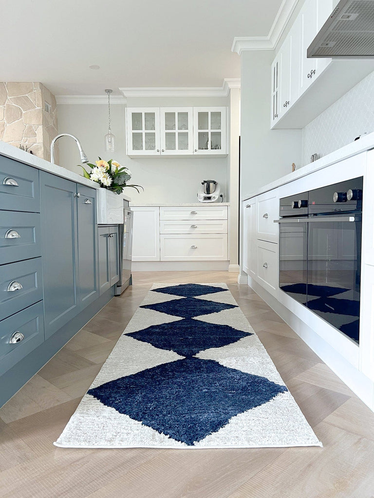 Blythe Ivory and Blue Checkered Runner Rug