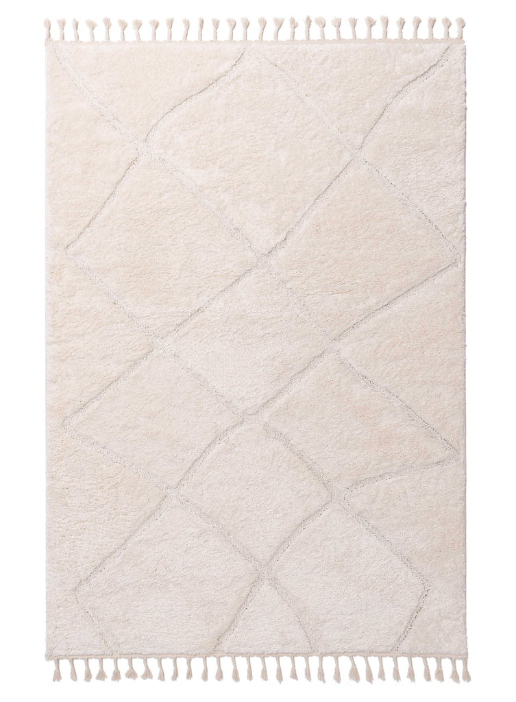 Calypso Ivory Cream Textured Tribal Tassel Rug