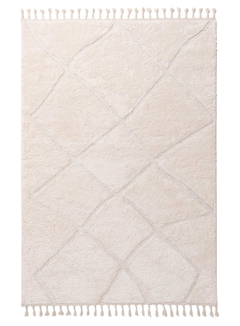 Calypso Ivory Cream Textured Tribal Tassel Rug