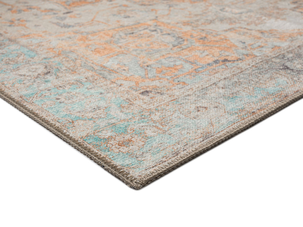 Ceren Orange and Blue Traditional Distressed Washable Rug