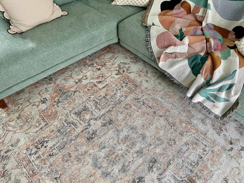 Ceren Orange and Blue Traditional Distressed Washable Rug