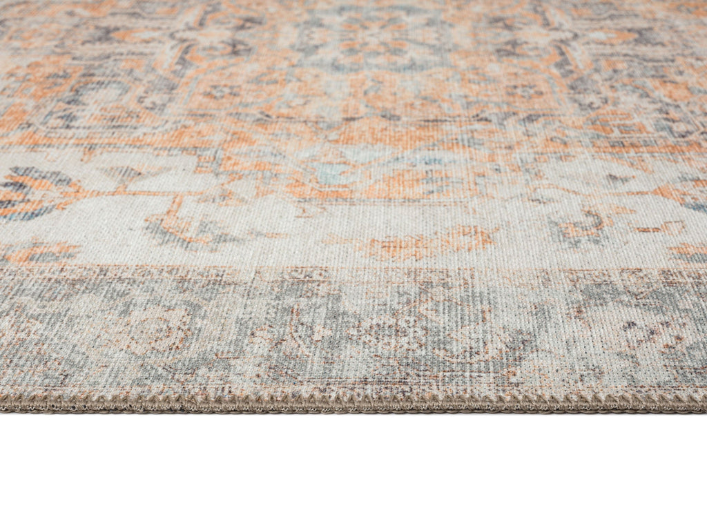 Ceren Orange and Blue Traditional Distressed Washable Rug