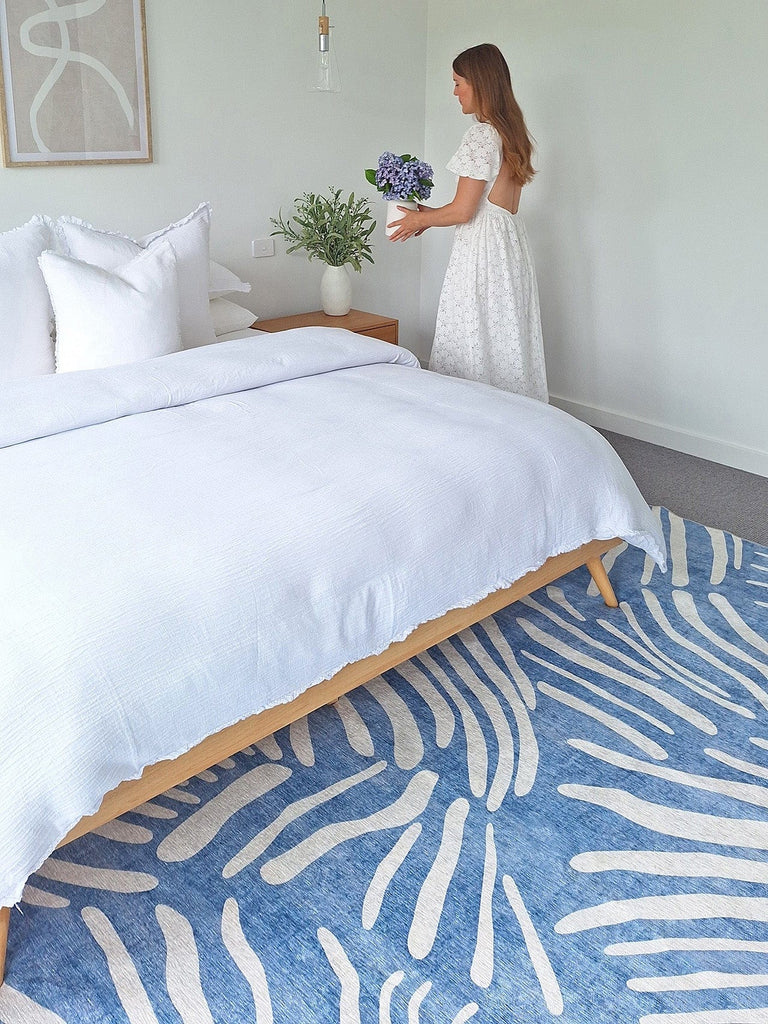 Clarissa Blue Palm Print Washable Rug