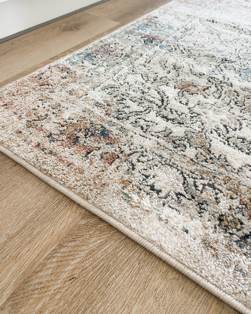Constance Beige And Blue Distressed Floral Runner Rug