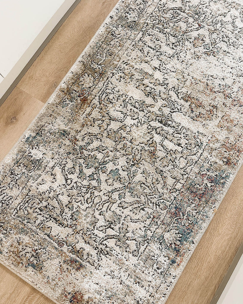 Constance Beige And Blue Distressed Floral Runner Rug