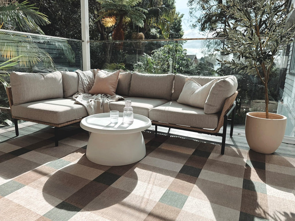 Forio Beige Ivory and Olive Green Checkered Indoor Outdoor Rug