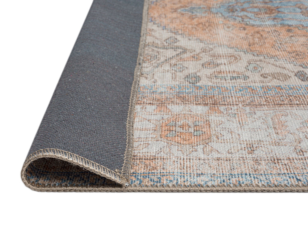 Halima Orange and Blue Traditional Distressed Washable Rug