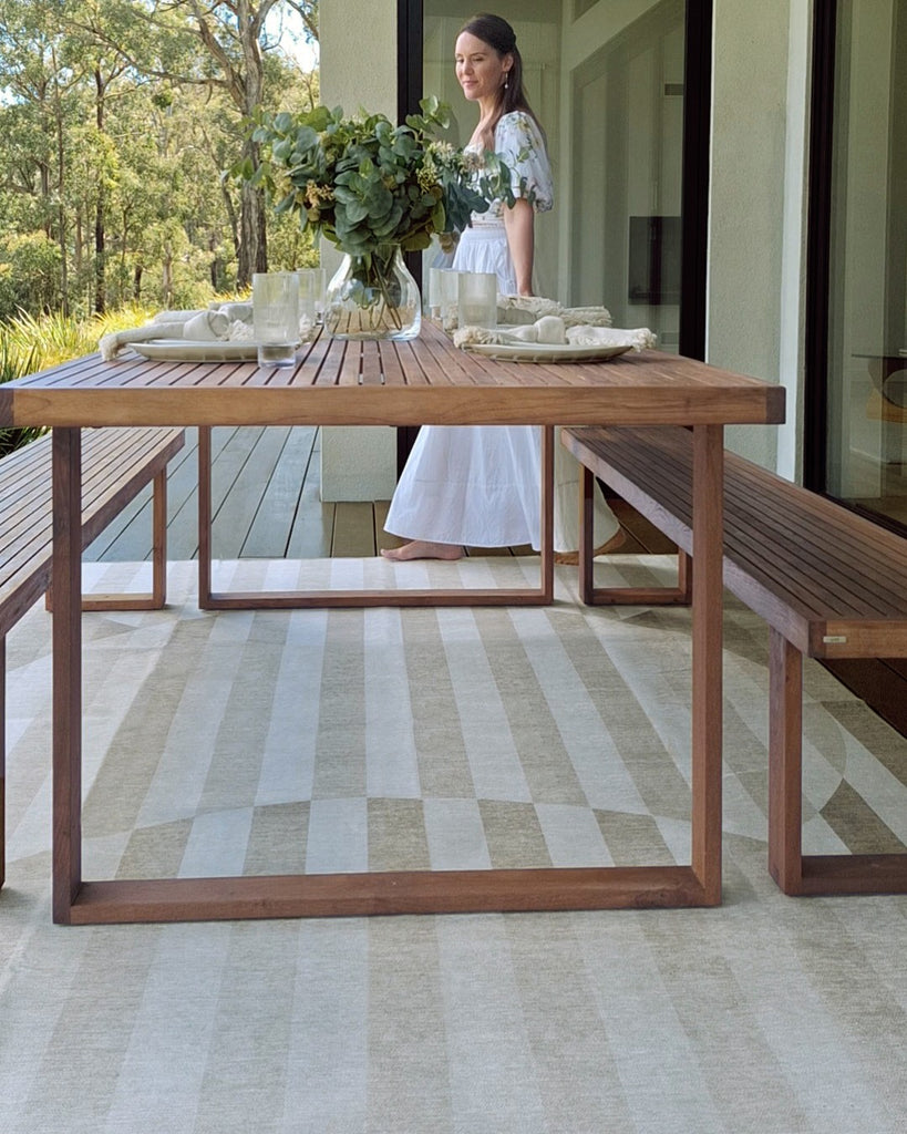 Icarus Soft Sand and Warm Taupe Abstract Circle Indoor Outdoor Rug