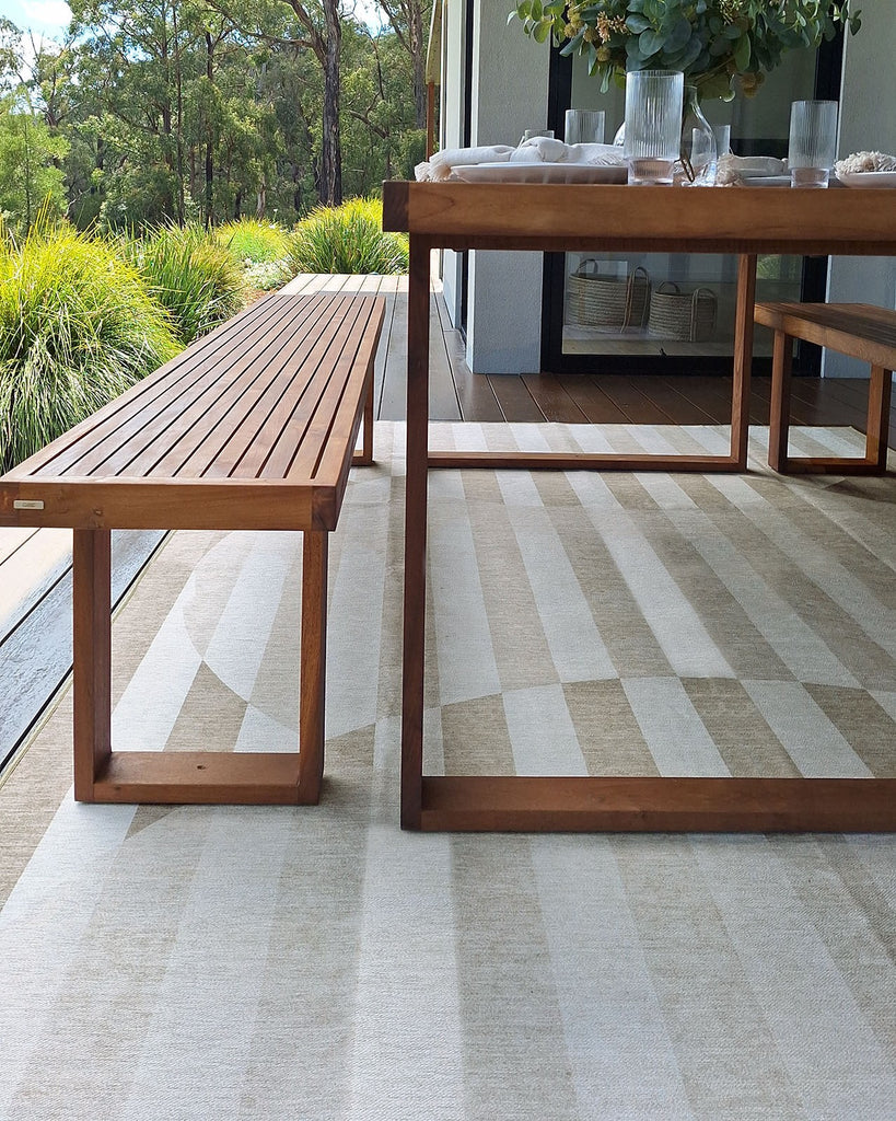 Icarus Soft Sand and Warm Taupe Abstract Circle Indoor Outdoor Rug