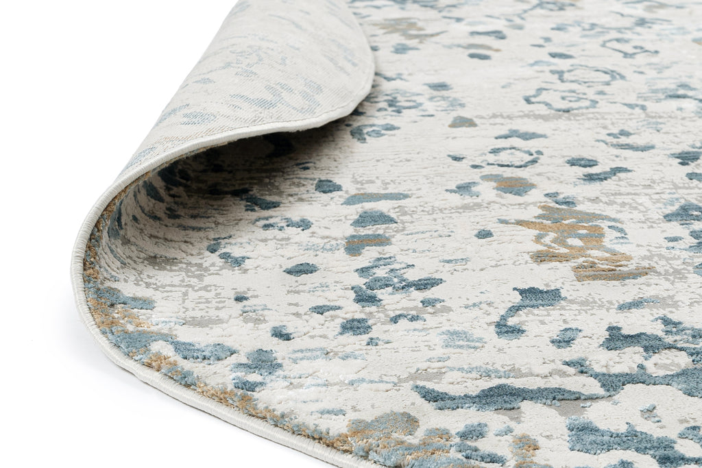 Iris Blue Grey and Beige Distressed Floral Round Rug