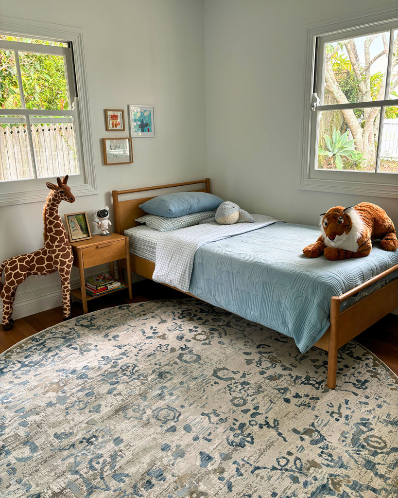 Iris Blue Grey and Beige Distressed Floral Round Rug