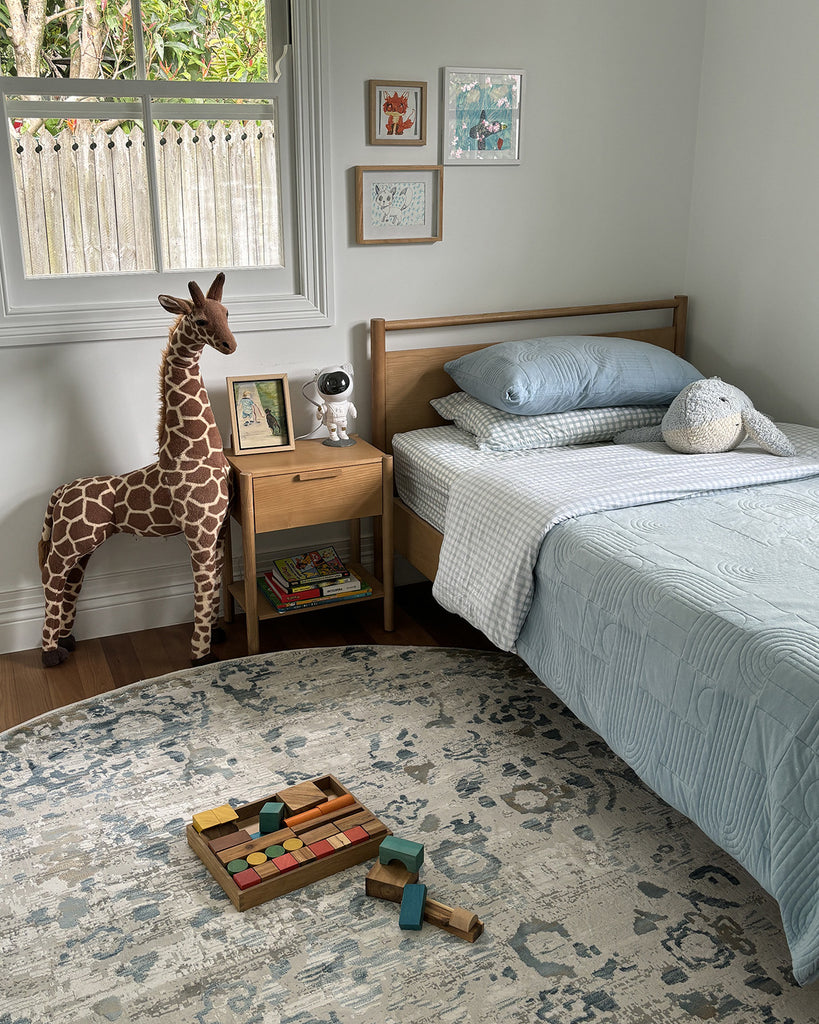 Iris Blue Grey and Beige Distressed Floral Round Rug