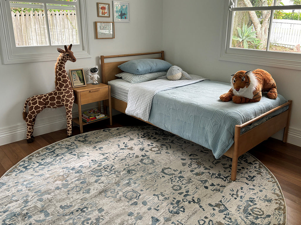 Iris Blue Grey and Beige Distressed Floral Round Rug