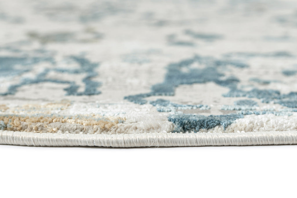 Iris Blue Grey and Beige Distressed Floral Round Rug