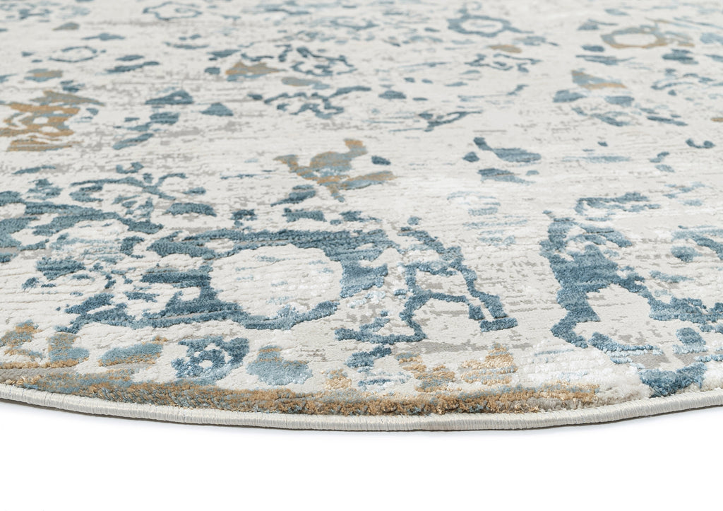 Iris Blue Grey and Beige Distressed Floral Round Rug