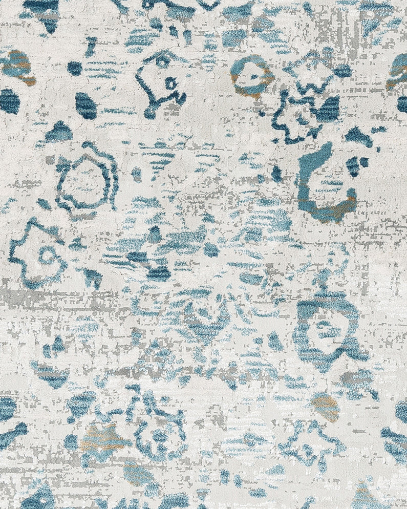 Iris Blue Grey and Beige Distressed Floral Round Rug