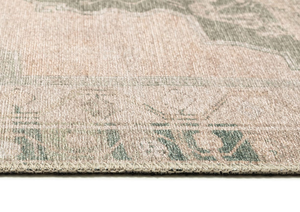 Janella Beige and Green Medallion Washable Runner Rug