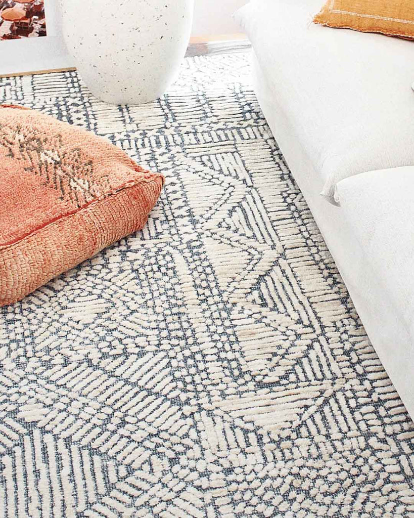 Karmen Blue and Ivory Geometric Patterned Rug