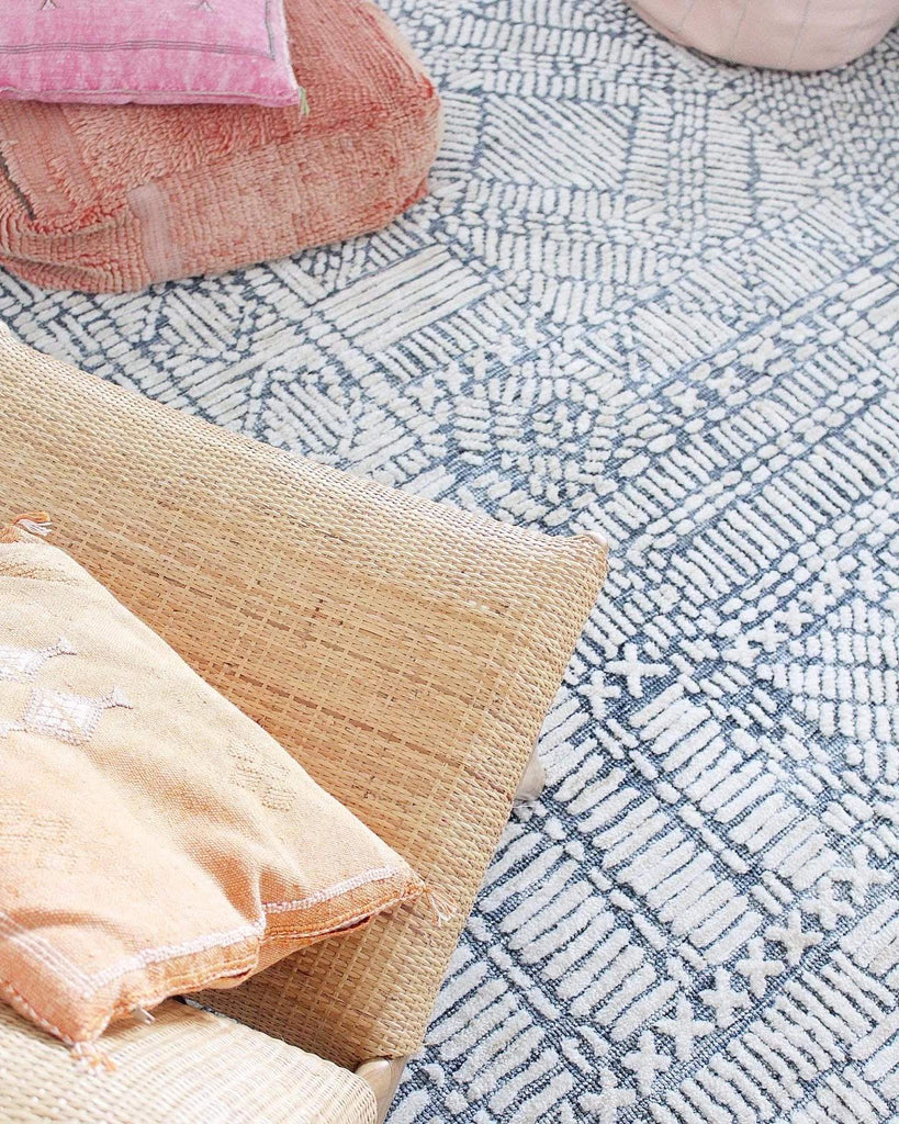 Karmen Blue and Ivory Geometric Patterned Rug