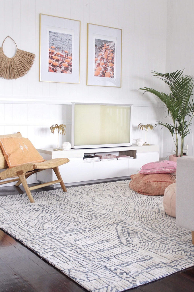 Karmen Blue and Ivory Geometric Patterned Rug