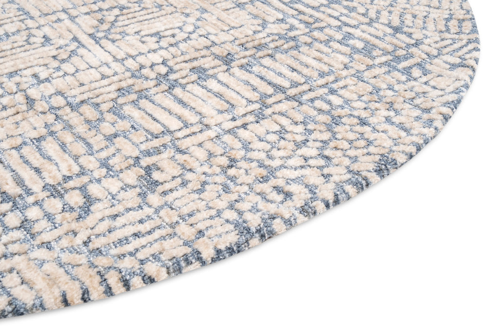 Karmen Blue and Ivory Geometric Patterned Round Rug