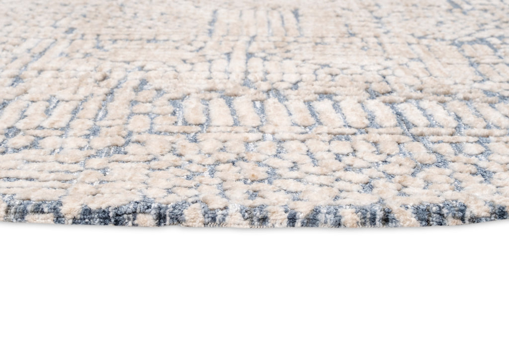 Karmen Blue and Ivory Geometric Patterned Round Rug