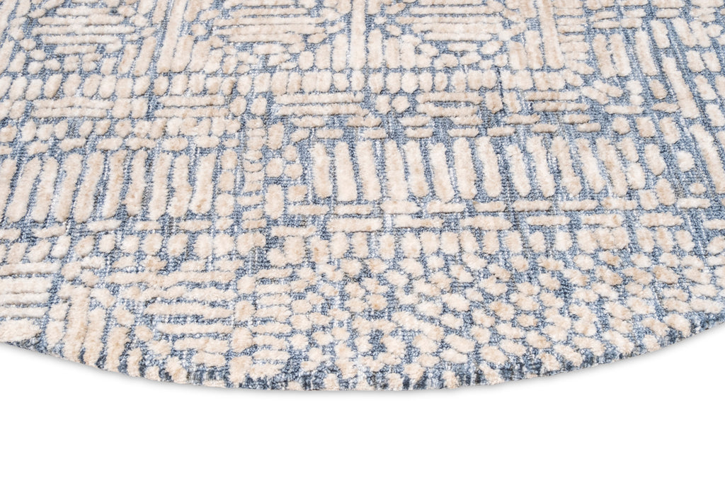 Karmen Blue and Ivory Geometric Patterned Round Rug