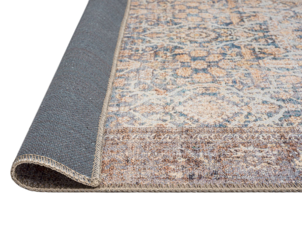 Krisna Brown and BlueTraditional Distressed Washable Rug