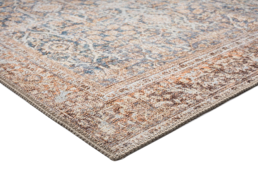 Krisna Brown and BlueTraditional Distressed Washable Rug