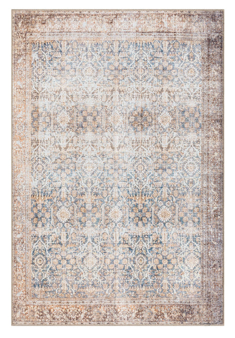 Krisna Brown and BlueTraditional Distressed Washable Rug
