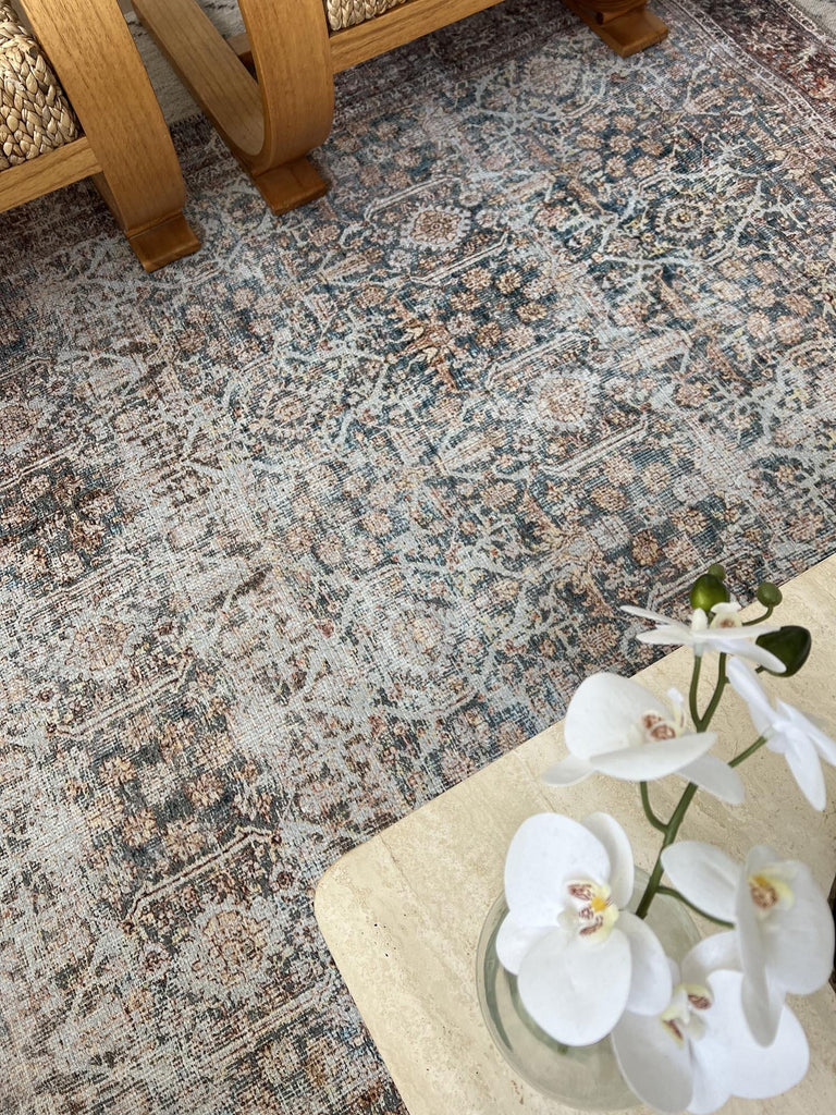 Krisna Brown and BlueTraditional Distressed Washable Rug