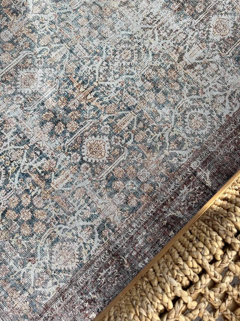 Krisna Brown and BlueTraditional Distressed Washable Rug
