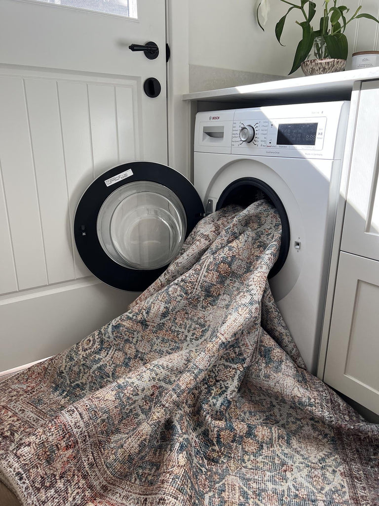 Krisna Brown and BlueTraditional Distressed Washable Rug