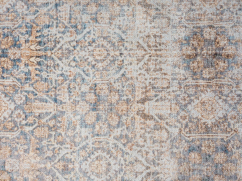 Krisna Brown and BlueTraditional Distressed Washable Rug