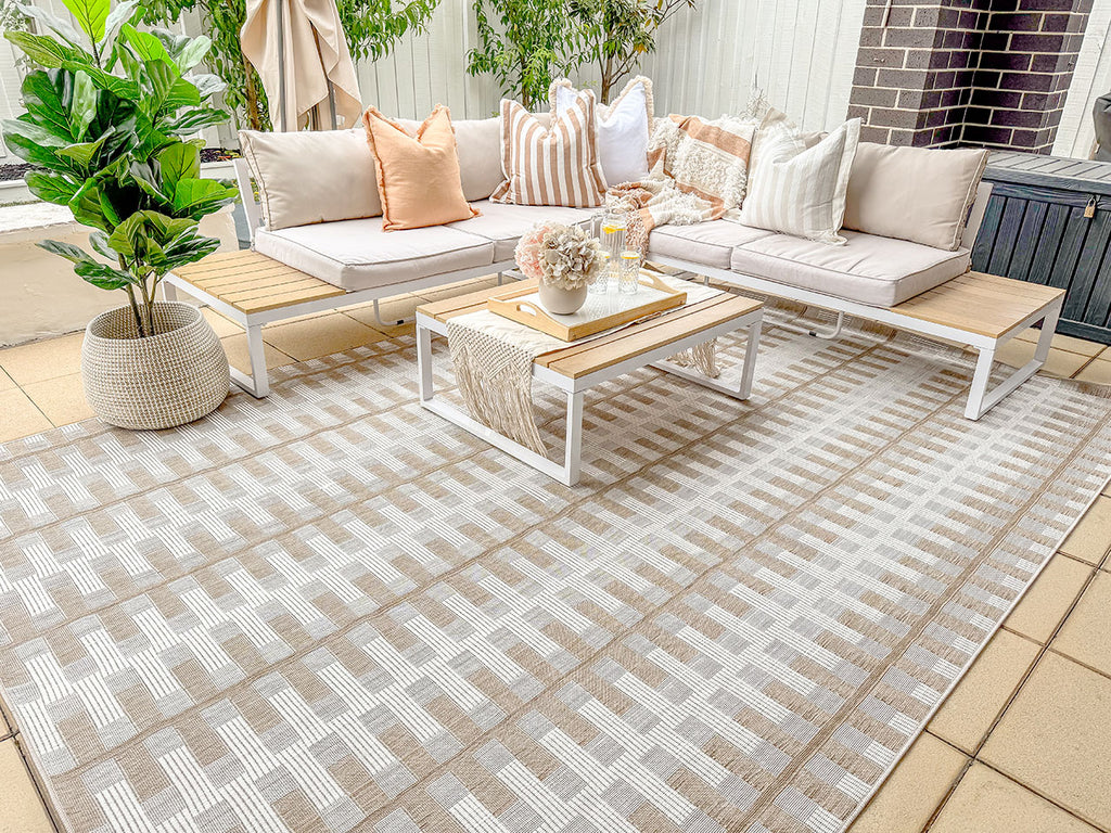 Krystal Brown and Ivory Geometric Flatweave Indoor Outdoor Rug
