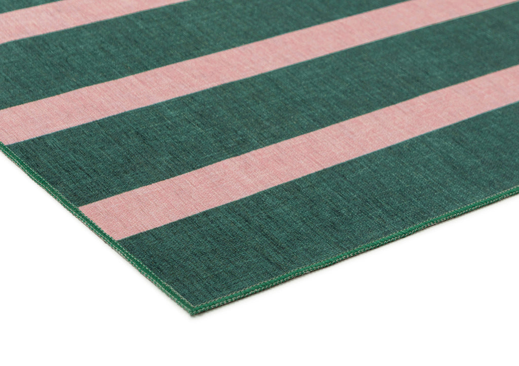 Marilyn Deep Forest Green and Blush Pink Striped Indoor Outdoor Rug