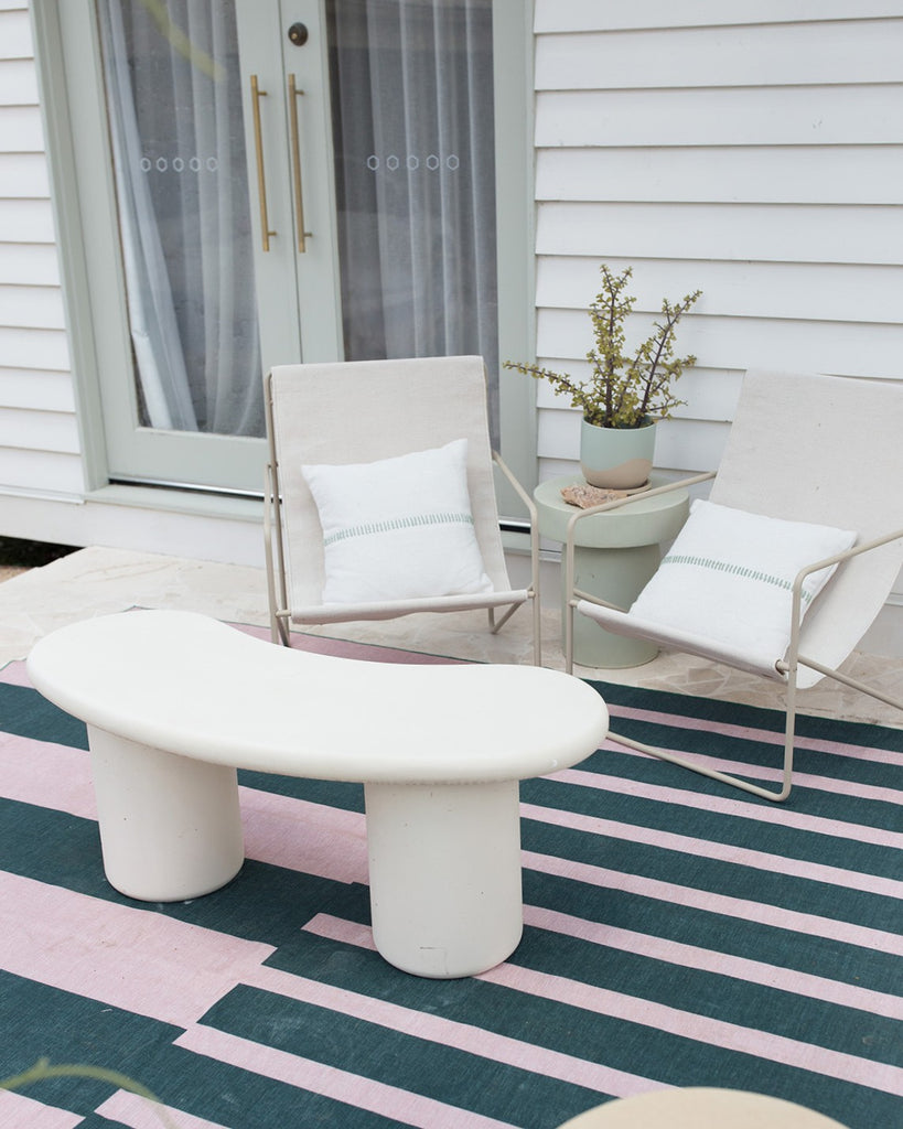 Marilyn Deep Forest Green and Blush Pink Striped Indoor Outdoor Rug
